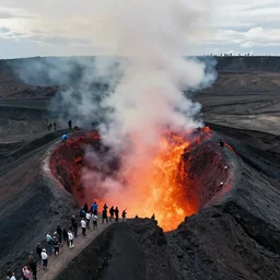 many people lining up to jump off into an erupting volcano, photography, 4 k, journalism, aerial view, cinematic lighting