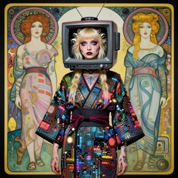 cute punk goth fashion fractal tattoed mecha blonde girl wearing a television tube helmet and kimono made of circuits and leds, surreal Dada collage by Man Ray Kurt Schwitters Hannah Höch Alphonse Mucha Beeple