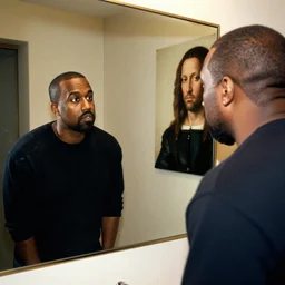 kanye west is looking at himself in a bathroom mirror and seeing his reflections as two giants looking back at him, renaissance style portrait