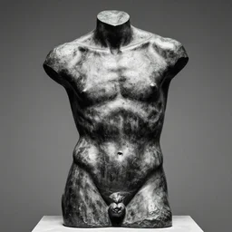 black and white photo of a bronze sculpture of a male torso, by pablo picasso