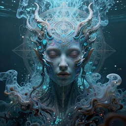 a render of an ancient futuristic ethereal being with digital modifications surrounded by a underwater ink pour and flowing liquid gallium and complex sacred geometry, powerful, cinematic, beautifully lit, perfect face, by john howe, by beeple, by artgerm, by karol bak, by brian froud, 3 d, trending on cgsociety, octane render, 8 k