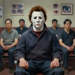 dynamic portrait painting of Michael Myers sitting in the waiting room of an optometrist amongst other normal patients, sharp focus, face focused, trending on ArtStation, masterpiece, by Greg Rutkowski, by Ross Tran, by Fenghua Zhong, octane, soft render, oil on canvas, decorated wall with pictures of eyes, moody lighting, high contrast, cinematic