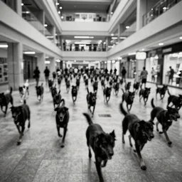 camera footage of a Dozens of Aggressive Feral Black Dogs with rabies running in an abandoned shopping mall, high exposure, dark, monochrome, camera,  grainy, CCTV, security camera footage, timestamp, zoomed in, Feral, fish-eye lens, Nightmare Fuel, Dog, Evil, Zerg, Brood Spreading, Motion Blur, horrifying, lunging at camera :4