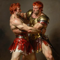 fight scene renaissance painting of bodybuilder roman soldier strangling a enemy, red leather roman soldier skirt with white tips, gold shoulder armor piece, piercing bright red eyes, fantasy, short red hair, highly detailed, digital painting, crossfit, sharp focus, illustration, matte, dramatic, dynamic pose, art by artgerm, and greg rutkowski!, and alphonse mucha!, and simon bisley!!!