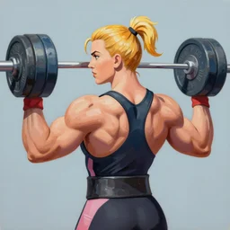 greg manchess portrait of thick muscular weightlifter zarya from overwatch with ponytail and blond hair played by scarlett johansson showing back muscles, medium shot, asymmetrical, profile picture, organic painting, sunny day, matte painting, bold shapes, hard edges, street art, trending on artstation, by huang guangjian and gil elvgren and sachin teng