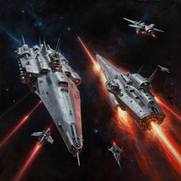 A highly detailed Sci-Fi concept art matte oil painting set in space  by Jason Felix by Steve Argyle by Tyler Jacobson by Peter Mohrbacher of an epic Space battle , Two massive capital ships firing at it each other ,while small fighter ships fly in formation ready to attack , deep space , dark  and stars in the background , red lasers, perspective , action shot . homeworld game art  , trending on Artstation ,HD 4K
