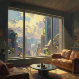 cyberpunk living room interior, windows, light rays, buildings, dystoptian, gorgeous view, no person, depth, painted by Seb McKinnon, clouds, tending on artstation