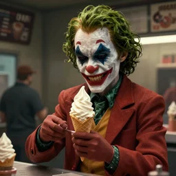 pov of animatronic joker serving a soft serve ice cream cone 🍦, dimly lit, real - hair, photorealistic hyperdetailed 3 d matte painting, hyperrealism, hyperrealistic, cinematic, silent hill, unrealengine octane render,