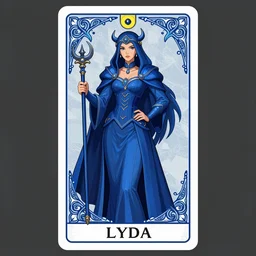 lydia, battle mage, brilliant royal blue, intricate detail, tarot card, digital artwork by artgerm and lily abdullina, wpol and sarasti, donato giancola and android jones, artstation