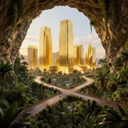 futuristic roads through a jungle cityscape with golden buildings and bridges with overgrown vegetation at algarve caves of benagil, gigantic golden building by santiago calatrava and zaha hadid, glowing reflections, at dusk, octane render redshift unreal engine, composition by by saul bass and mike mignola