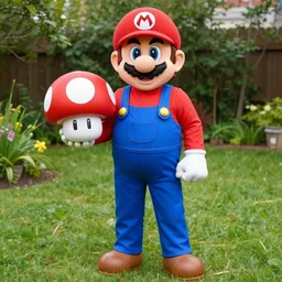 man dressed in bootleg knockoff super mario bros. costume holding a red plastic mushroom standing in a yard.