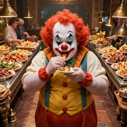 a very fat clown eats at a large fancy buffet, beksinski, wayne barlowe, very coherent symmetrical artwork, cinematic, hyper realism, high detail, octane render, 8 k