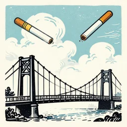 small steel suspension bridge built in 1 9 2 8, side view, puffy clouds in background, marijuana cigarette floating in the sky, woodcut style, rubber stamp, 8 k