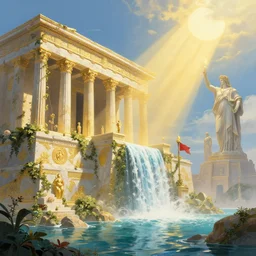 a matte painting of a water city of Atlantis grec greeble temple olymp glory in sun shaft zeus sky statue pantheon ivy plant grow flower in white marble gold incrusted of legends adn red flag dynasty by Frank Lloyd Wright and Zaha Hadid torch volume light stylized illustration  digital airbrush painting, 3d rim light, hyperrealistic masterpiece, artstation, cgsociety, kodakchrome, golden ratio waterfall
