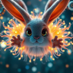 halloween festival, expressive eyes, floating, rbc, bunny, radiolaria, protophyta, micro - organisms, center frame, symmetric, rim light, marine microbiology, bioluminescence, electric, fur, soft, concept art, intricate details, highly detailed, colorful, photorealistic, disney pixar, octane render,