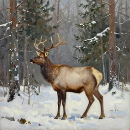 oil on canvas painting, winter forest, elk, spruce trees
