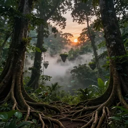 deep jungle forest realm biodiversity , swirling clouds of magical mist through the trees , small patches of land floating between the tree trunks, dramatic dusk sun illuminates areas , volumetric light , detailed entangled roots carpet the forest floor ,rich emerald color , upscale , 8k