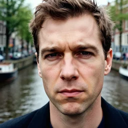 closeup portrait of unamused man, background nessie in an amsterdam canal photograph, natural light, sharp, detailed face, magazine, press, photo, steve mccurry, david lazar, canon, nikon, focus