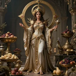 a full body portrait of a goddess of feast and famine, cinematic shot, realistic, photography, photorealisic, fantasy, ornate, intricate detail, epic, high definition, 8 k, midjourney,