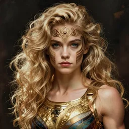 a very muscled and young superhero girl with a focused face and extremely long blonde wavy hair, intricate detailed face, artgerm, greg rutkowski, alphonse mucha, francine van hove