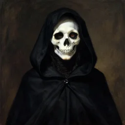 the goddess of death wearing a black hood, in the style of Greg Hildebrandt