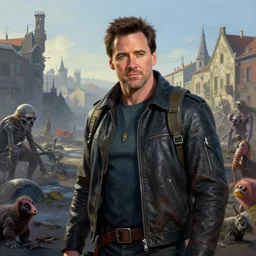 fallout 5, jim carrey as protagonist, portrait, outdoors european cityscape, atmospheric lighting, painted, intricate, volumetric lighting, beautiful, daytime, winter, clear weather, mutated wildlife, sharp focus, deep colours, ultra detailed, art by william turner