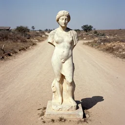vintage color photography of an ancient sculpture in the middle of a poor dirt road, image by werner herzog