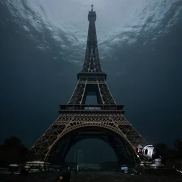 underwater photo of the eiffel tower, dark ocean water, detailed illustration, national geographic, submarine camera imagery, james cameron, gloomy, high quality photography, blurry, polluted, crisp details, sigma 1 0 - 2 0 mm, nikon 1 0 - 2 4 mm, fisheye, water particulate, low contrast