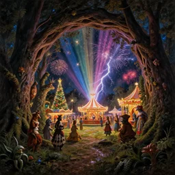 closeup of a night carnival around a magical in a summer storm, tree cavity with a music scenario with many fireworks and christmas lights,, volumetric lightning, instense colored god rays in the sky, folklore people disguised with fantastic creatures in a magical forest by summer night, masterpiece painted by canaletto, scene by dark night environment, refraction lights,