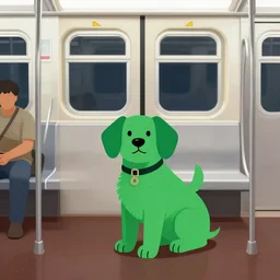 an illustration of a green dog inside the new york city subway, full color, funny, neon, crazy, hyper detailed, 8 k,