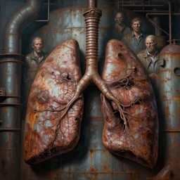 airbrushed awful rusted & dirty purulent lung & fuselage terror factory by wayne d barlowe, jack kirby, kelly freas, donato giancola, geof darrow, alex ross, basil gogos, philippe druillet, fine art masterpiece baked at 3 0 0 f, matte painting, cold lighting, aged with sunlight, award winning horror, photorealistic render
