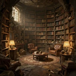 inside a cozy post apocalyptic library, concept art, trending on artstation