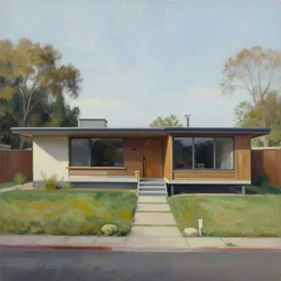 a mid - century modern house. highly detailed oil painting.
