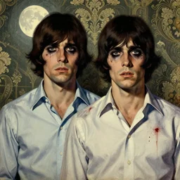a pulp illustration of two beautiful but sinister men wearing oxford shirts in layers of fear, with haunted eyes and dark hair, 1 9 7 0 s, seventies, wallpaper, a little blood, moonlight showing injuries, delicate embellishments, painterly, offset printing technique, by brom, robert henri, walter popp