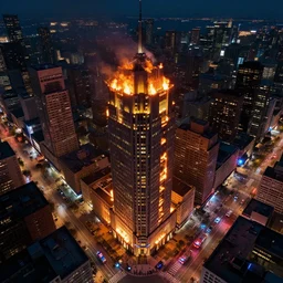 wide angle shot from aerial view of skyscraper on fire at night, with police and firetrucks on street, police car lights, 4 k highly detailed art, concept art, trending on artstation, alphone mucha, artgerm, greg rutkowski, octane render, cinematic lighting, intricate, sharp focus