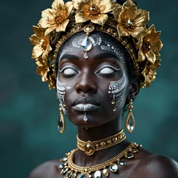 hyperrealistic post - symbolist cinematic very beautiful! oshun goddess with white eyes, yoruba body paint, dripping mirror droplet jewerly, gold flowers, highly detailed digital art masterpiece, smooth etienne sandorfi eric zener dramatic pearlescent soft teal light, ground angle uhd 8 k, sharp focus