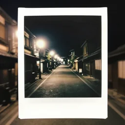 “atmospheric Polaroid photograph of a Kyoto street at night, illuminated by bright street lamps”