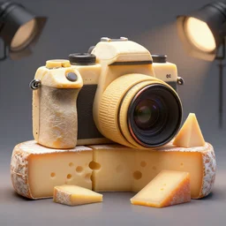 a camera made of various types of cheese, Photo, photorealistic, details, studio lights