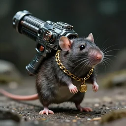 small bipedal rat!!!!!! carrying large sci - fi fantasy alien gun, cinematic, portrait, fujifilm superia, shot on 7 0 mm, macro, wearing a golden chain, from the new sci - fi movie small rat saves the day, 8 k, f 1. 8