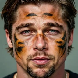 photo, close up, brad pitt with camouflage tiger stripe face paint, android cameraphone, 2 6 mm,
