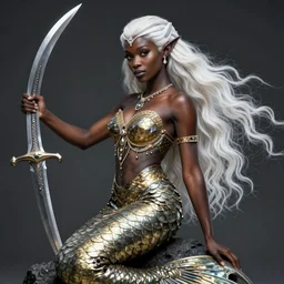 a fantast beauty detailed elf mermaid tail candice swanepoel with black skin, with a curved sword, platinum white wavy long hair, white headband in the front with diamonds, jewelry body armor in golden and silver colors, pointy ears, detailed, epic masterpiece of cinematographic hyperrealism, realistic shaded lighting poster by craig mallismo, artgerm, jeremy lipkin and michael gar