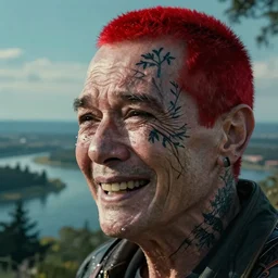 an ultra realistic, cinematic, headshot portrait, of a cyberpunk old lman with red short hair and tattoos, branches, facial features, she is smiling and crying at the same time, sadness, background of a vast serene landscape, with trees and rivers, detailed, deep focus, movie still, dramatic lighting, ray tracing, by michal karcz and yoshitaka amano