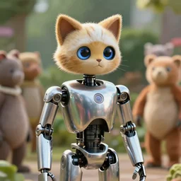 film still from the movie chappie of the robot chappie shiny metal outdoor park plants garden scene bokeh depth of field several figures furry anthro anthropomorphic stylized cat ears head android service droid robot machine fursona