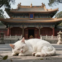 beautiful white cat sleeping in front of an oriental temple by Gustave Moreau