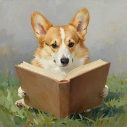 oil painting of corgi reading a big book