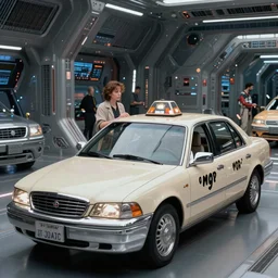 still photo from the movie the fifth element, milla jovovich, futuristic taxi, full body, far future, sharp focus, highly detailed, trending on artstation, intricate, cinematic composition