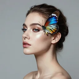 a portrait photography of one beautiful woman morphing with wings of a butterlfy   in the upper side of the face in style of Flora Borsi , fine art photography, professional soft studio lighting, 85 mm sigma art