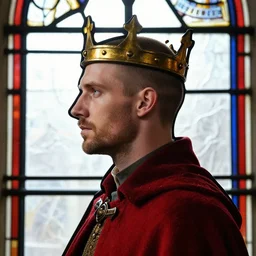 detailed side - view portrait of a crowned stern man, wearing a small and simple crown, buzzcut, stubble, red coat, medieval stained glass window, masterful, backlit