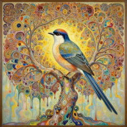 an hiper intricate oil painting of a beautifull bird in a fractal tree surounded by melting colorfull wax drips, colorfull, excelent composition, wide shot, by yoshitaka amano, by greg rutkowski, by alphonse mucha by jeremyg lipkinng, by rhads, by ross tran, artstation, octane render