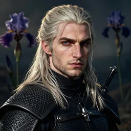 a portrait of geralt of rivia from the witcher with background scenery by juergen teller, iris van herpen
